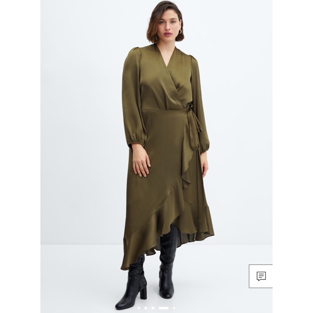 Mango MNG Wrap Dress Olive Green Satin Ruffle Maxi Medium M 6